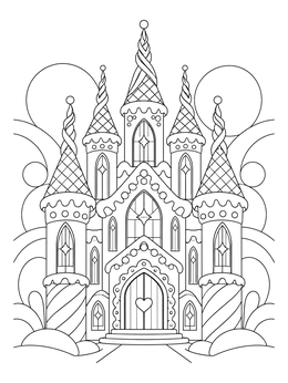 A fairytale gingerbread house coloring page with tall frosted spires and candy details.