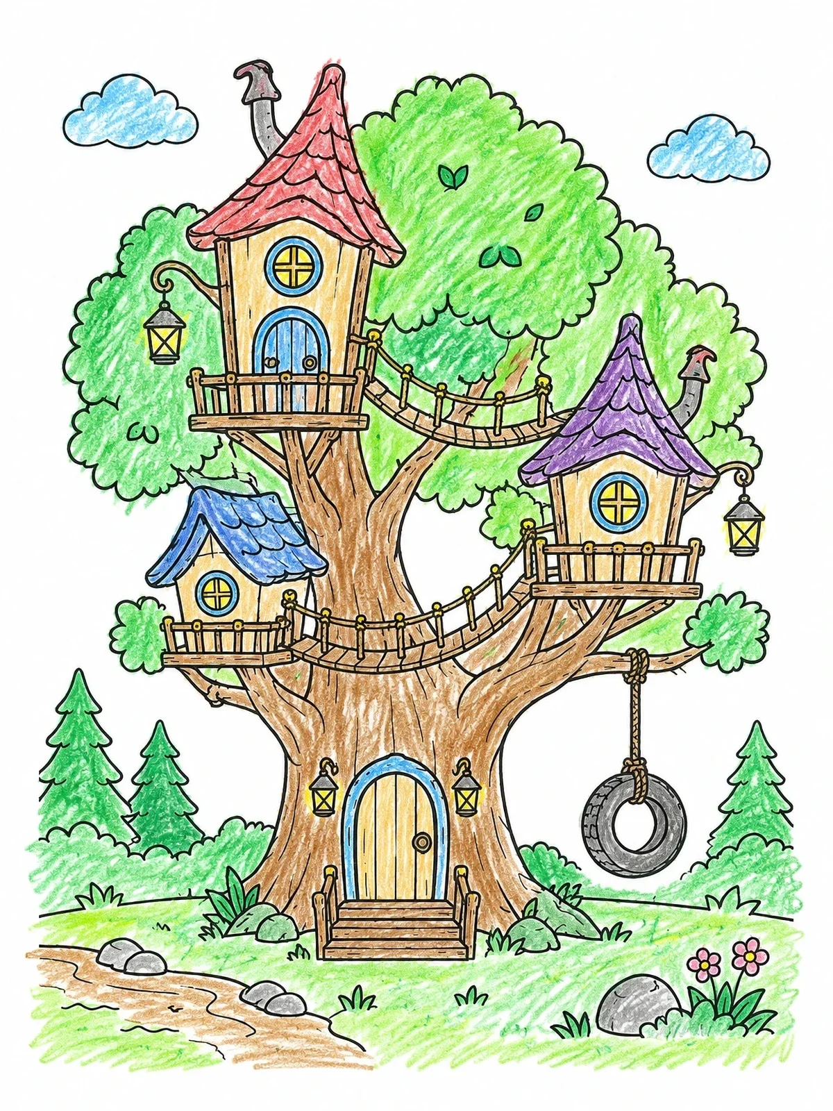 Colored example of the Fairytale Multi Level Treehouse With Swing coloring page