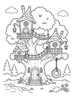 Free printable Fairytale Multi Level Treehouse With Swing coloring page