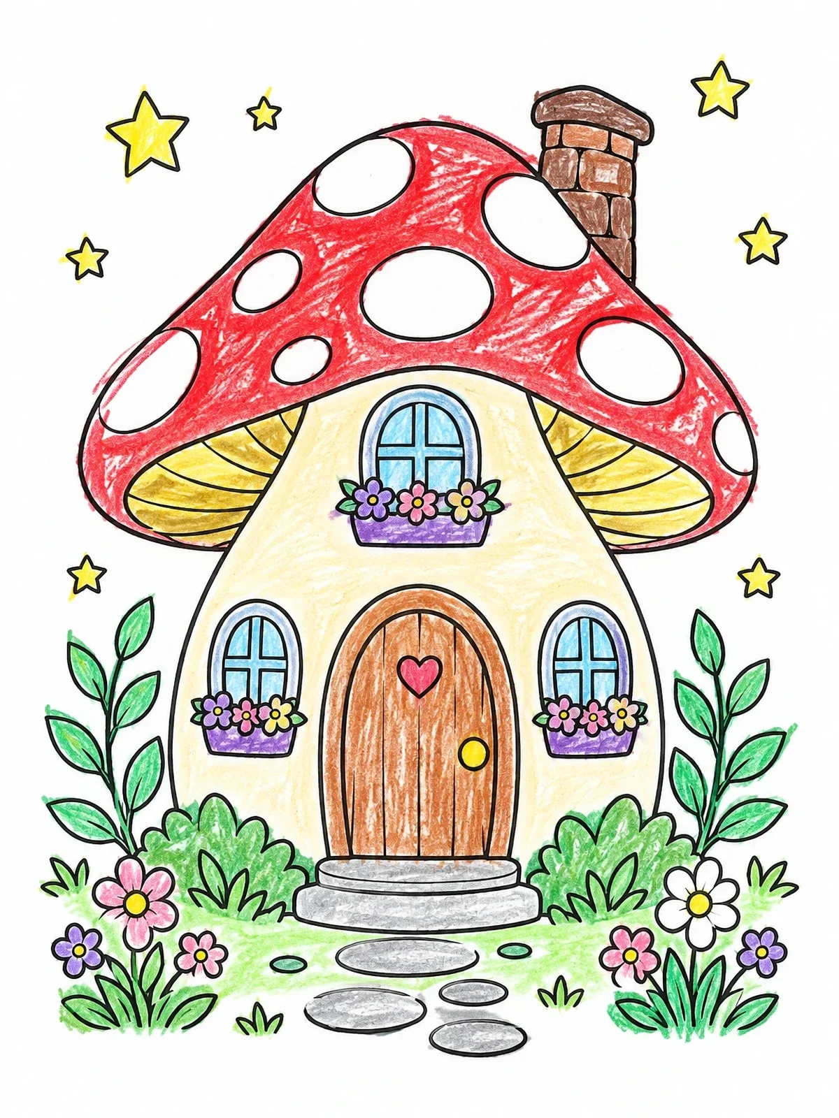 Colored example of the Fairytale Mushroom Playhouse In Garden coloring page