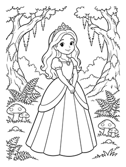 A fairytale princess coloring page set in a forest with tall trees, ferns, and mushrooms.