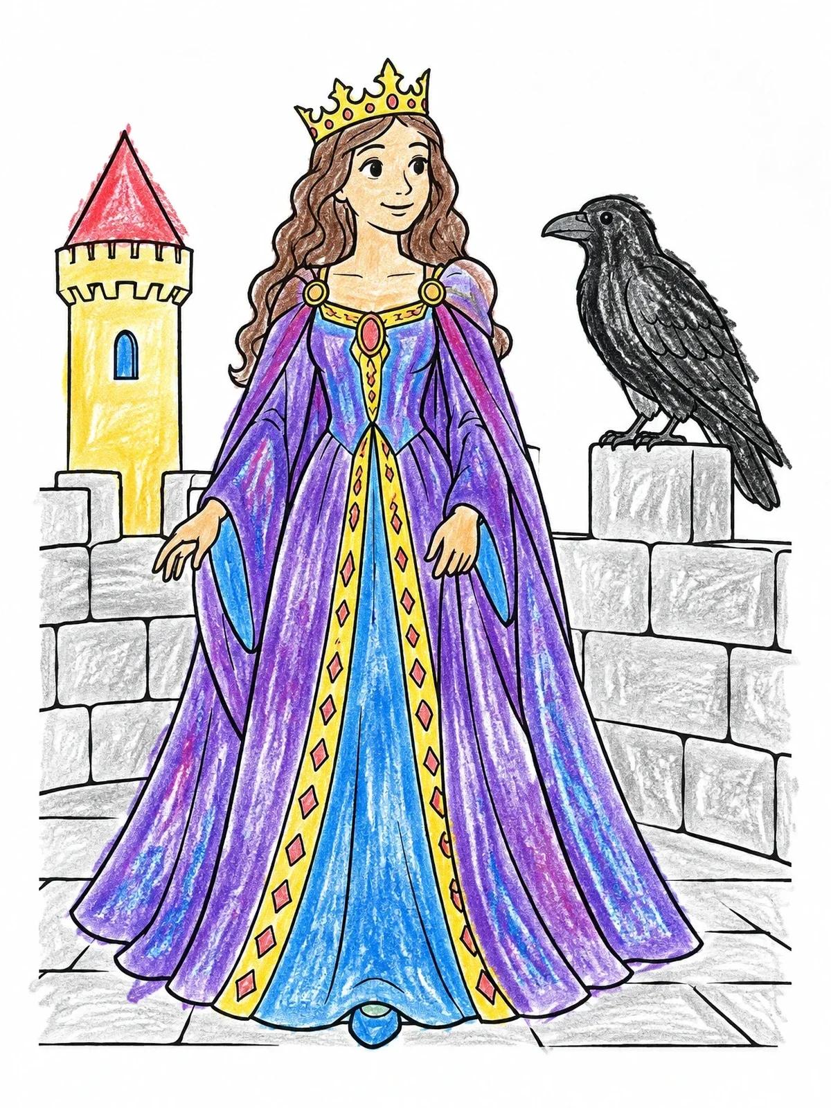 Colored example of the Fairytale Queen With Raven coloring page