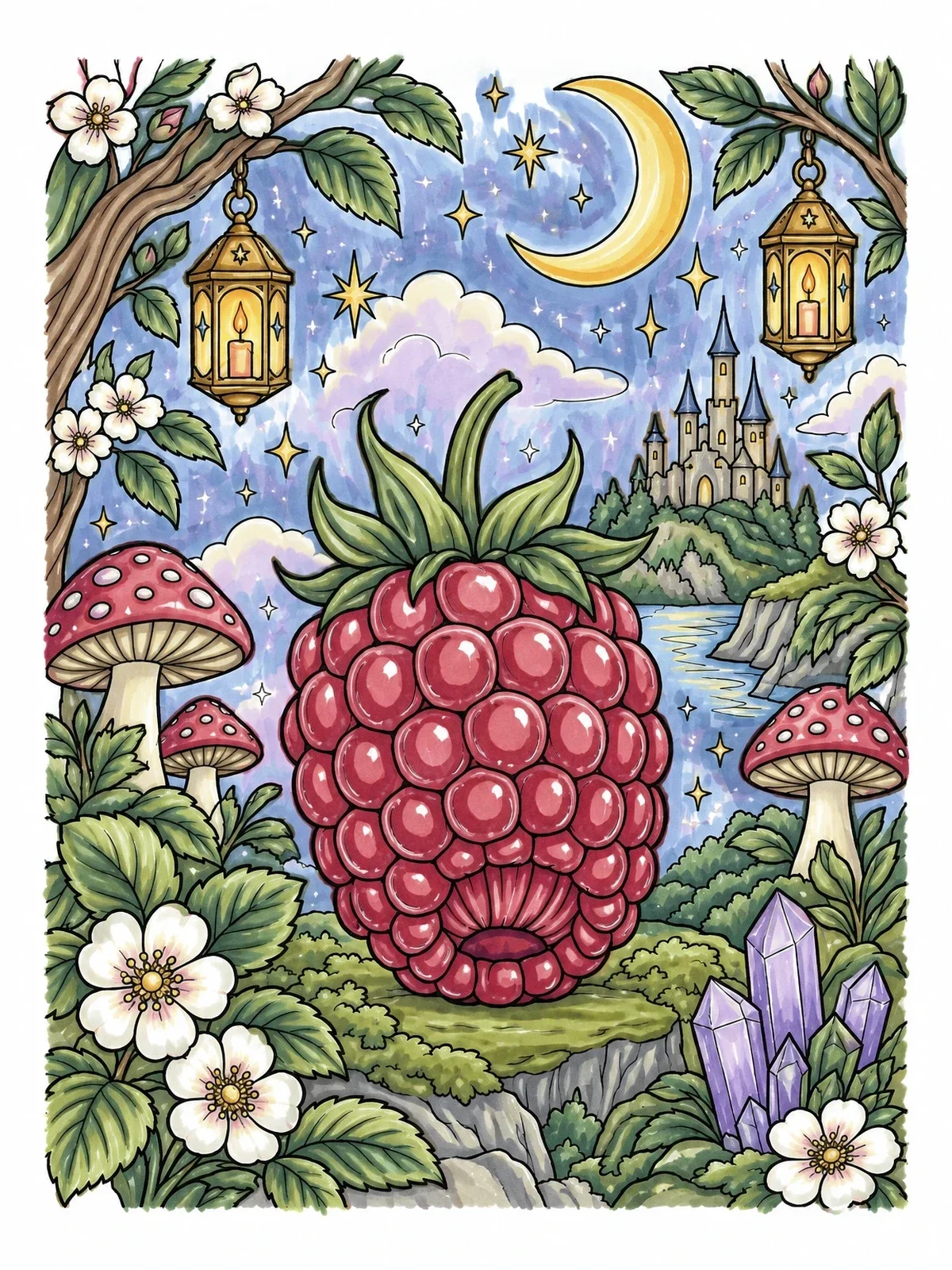 Colored example of the Fairytale Raspberry Under The Crescent Moon coloring page