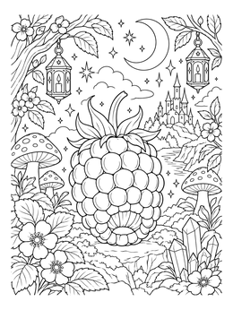 A giant fantasy raspberry coloring page set in a magical landscape with lanterns and castle.