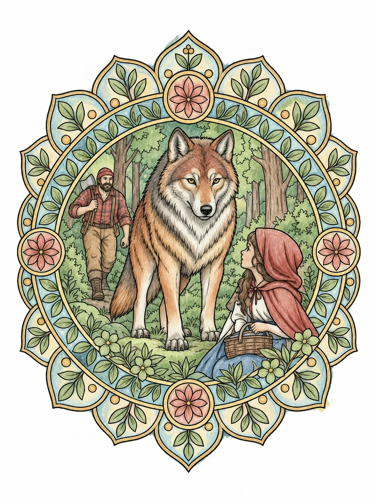 Colored example of the Fairytale Red Wolf In Floral Mandala coloring page