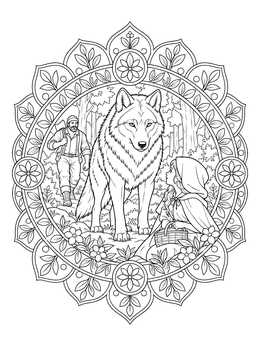 A fairytale red wolf coloring page with Little Red Riding Hood and a woodcutter framed by a mandala.