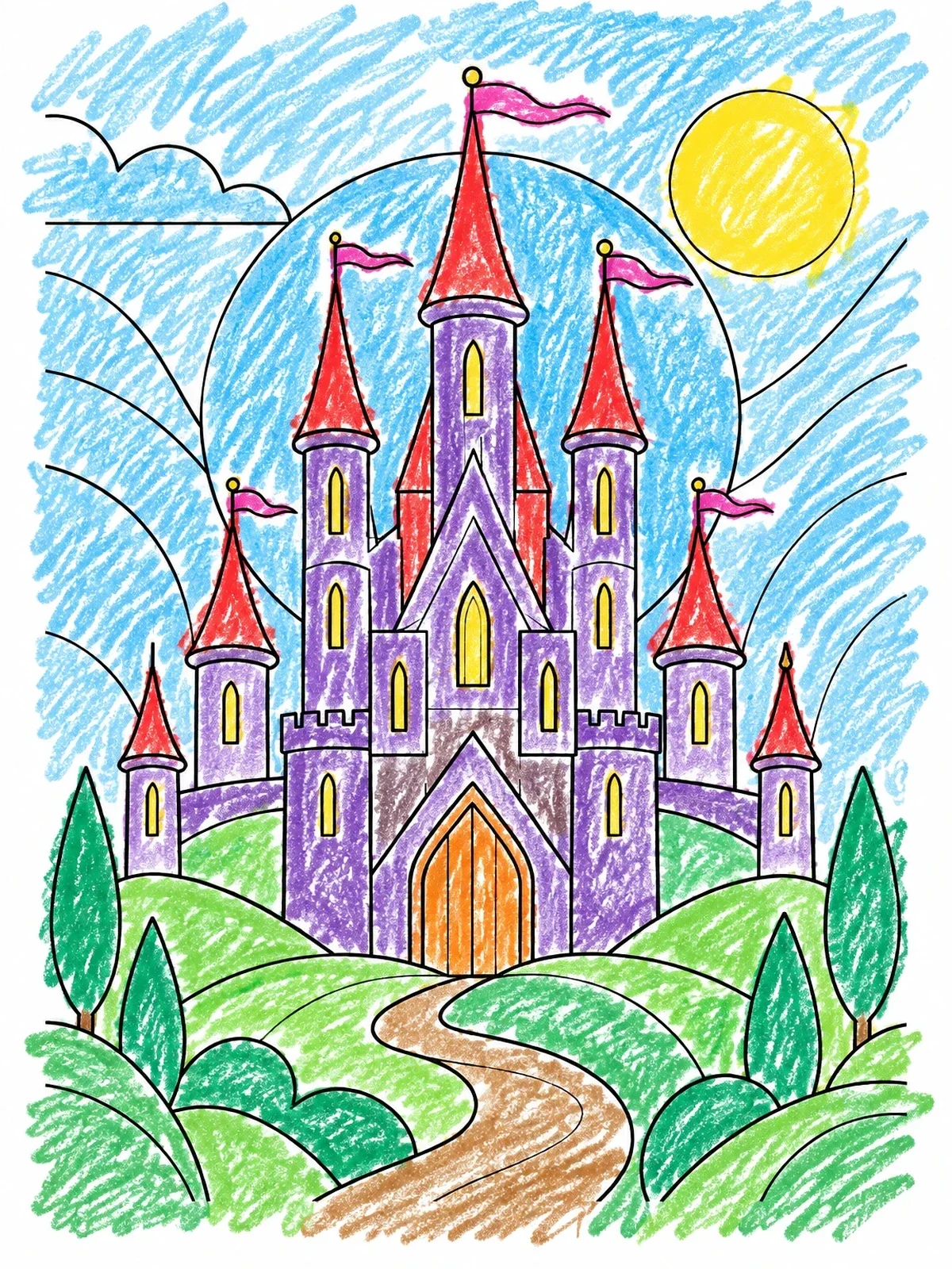 Colored example of the Fairytale Spire Castle On Hill coloring page