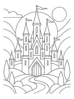 A fairytale castle coloring page with tall spires, flags, and rolling hills.