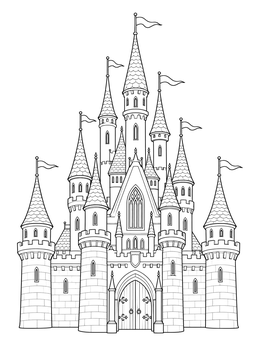 Detailed castle coloring page featuring tall spires and waving flags.