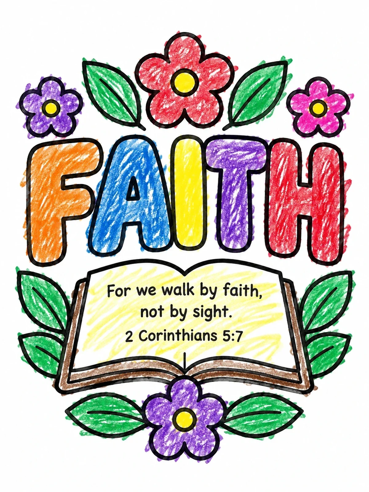 Colored example of the Faith Bible Verse With Flowers coloring page