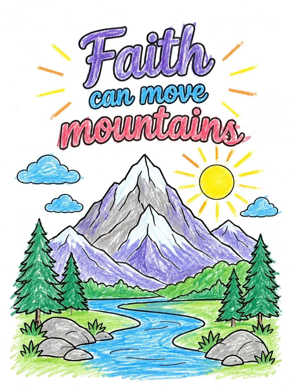 Colored example of the Faith Can Move Mountains Landscape coloring page