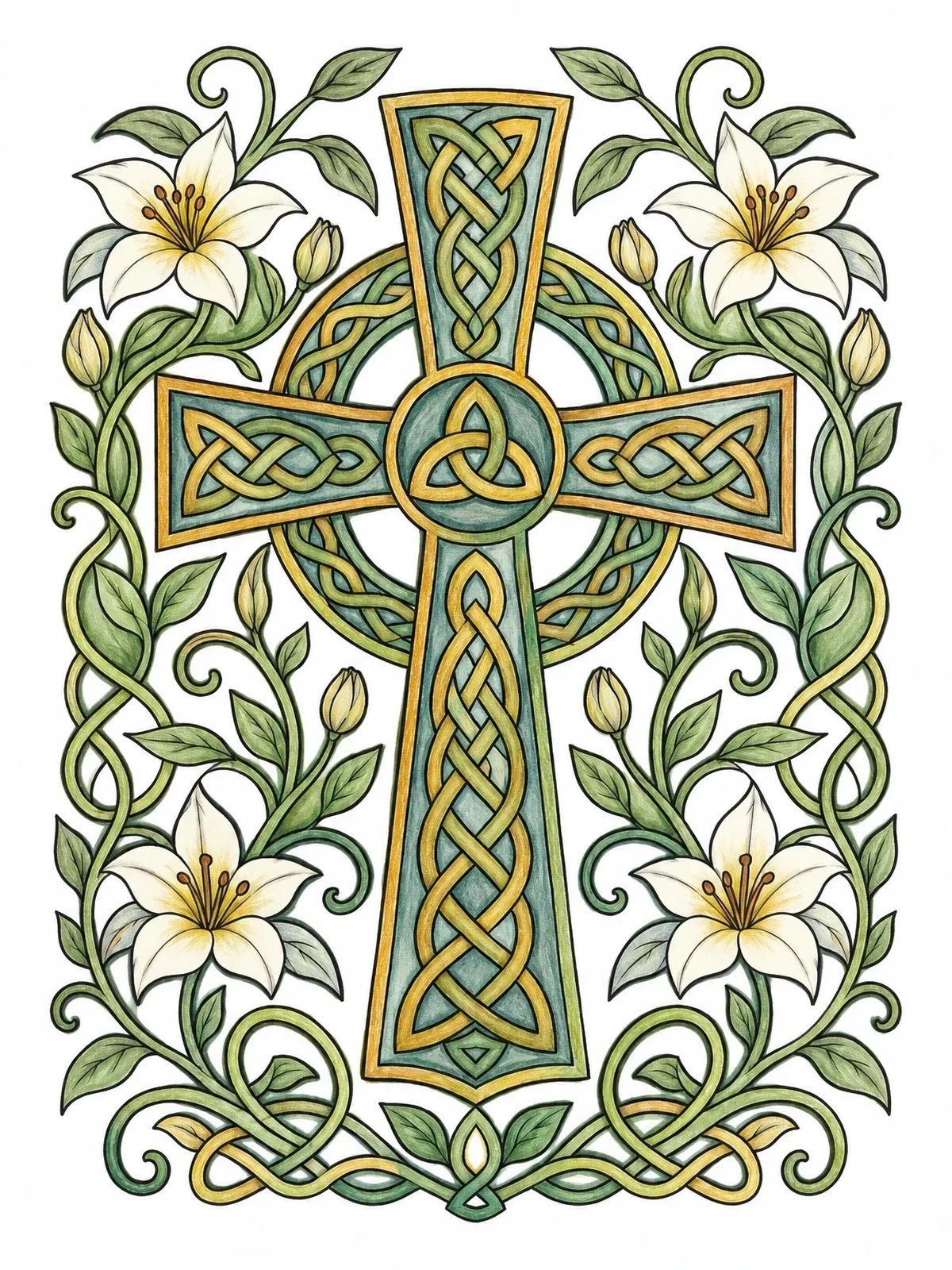 Colored example of the Celtic Cross With Floral Vines coloring page