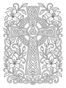 An intricate Celtic cross surrounded by lilies and vines in a detailed faith coloring page.