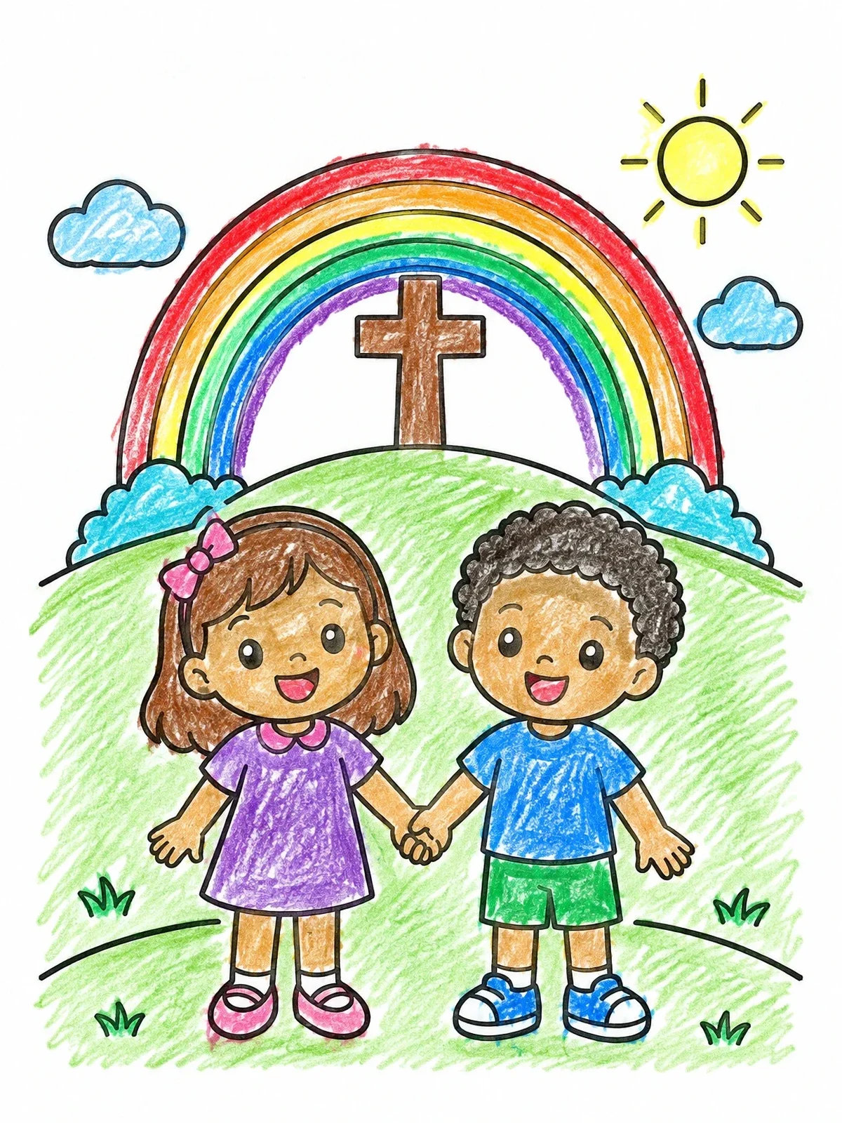 Colored example of the Children Holding Hands By Hillside Cross coloring page