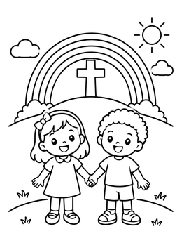 Free printable Children Holding Hands By Hillside Cross coloring page