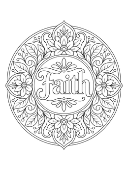 A decorative faith coloring page framed by an ornate circular floral mandala.