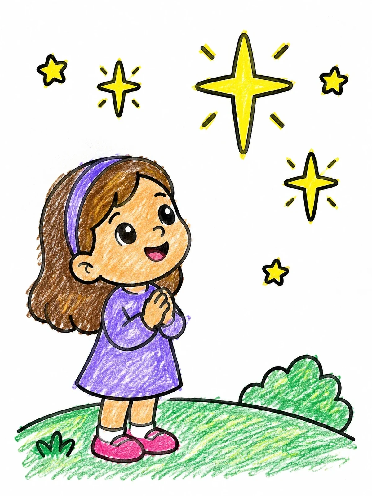 Colored example of the Little Girl Looking At Shining Stars coloring page