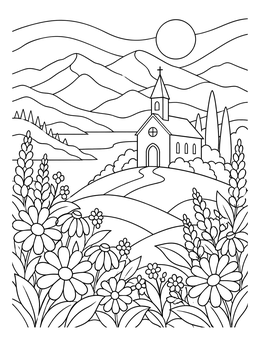 A serene mountain chapel framed by wildflowers in this faith coloring page.