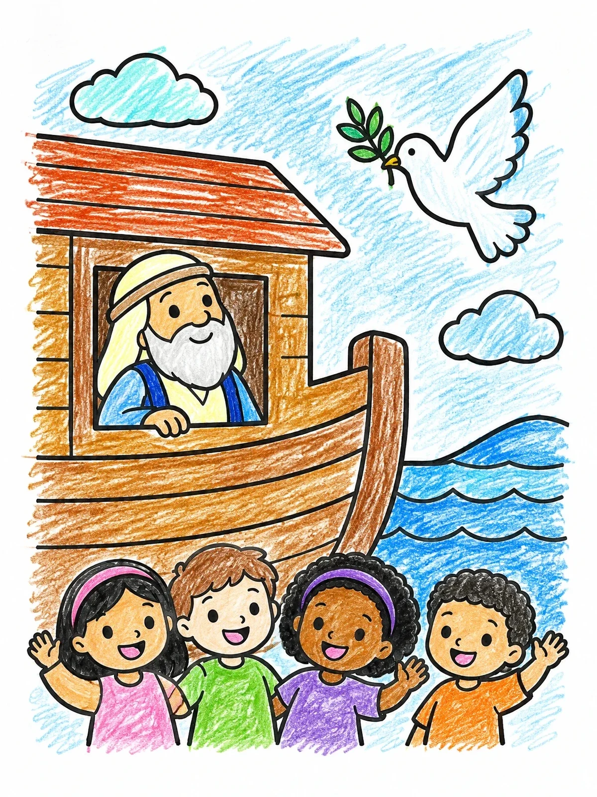Colored example of the Noah Ark Dove And Happy Children coloring page