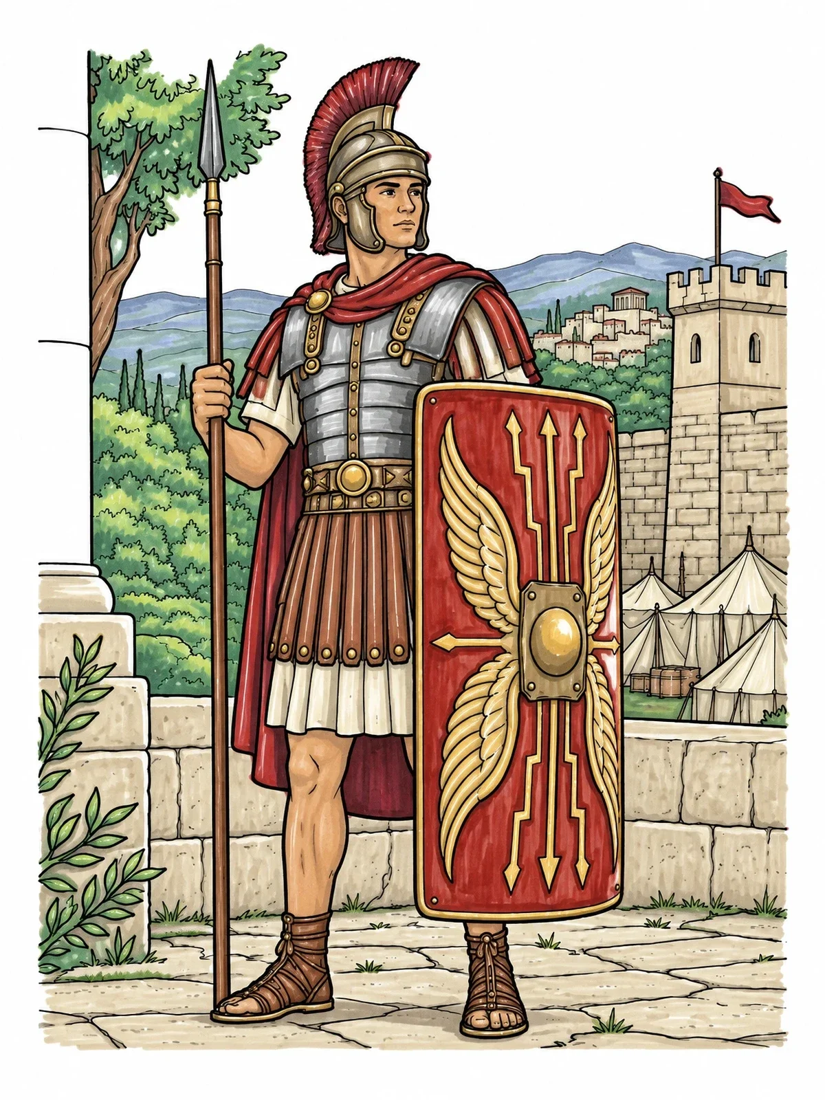 Colored example of the Roman Soldier With Shield And Spear coloring page