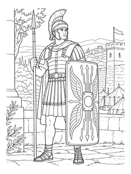 A Roman soldier with shield and spear stands guard in this faith coloring page.