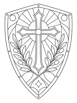 An ornate medieval shield with a shining cross on this faith coloring page.