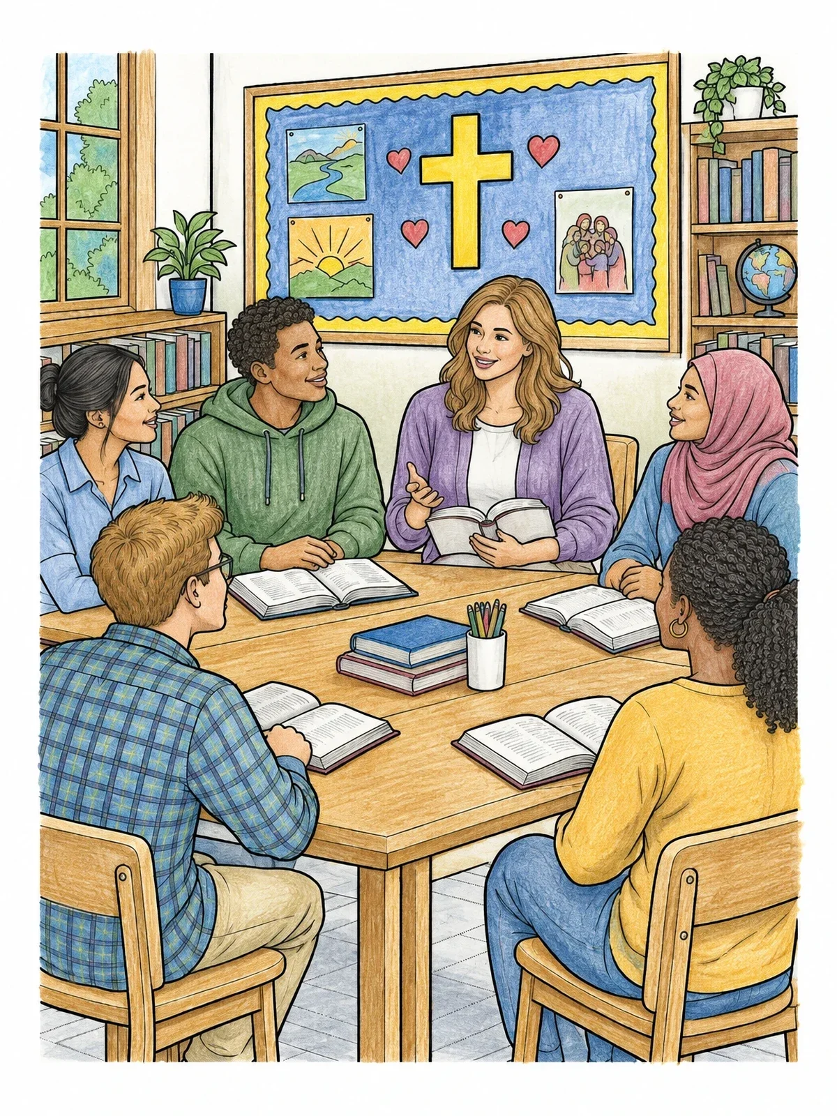 Colored example of the Youth Bible Study Group coloring page