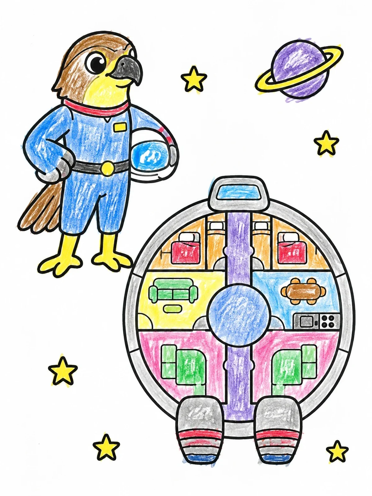 Colored example of the Falcon Astronaut And Spaceship Blueprint coloring page
