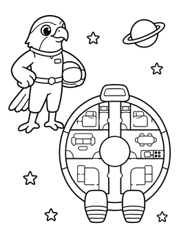 Astronaut bird next to a spaceship interior plan on this falcon coloring page.