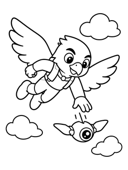 A cute cartoon falcon coloring page showing a winged hero soaring in the sky with a small drone.