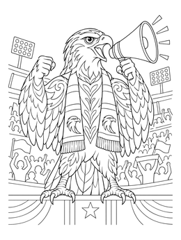 An energetic falcon coloring page featuring a bird mascot with a megaphone in front of stadium fans.