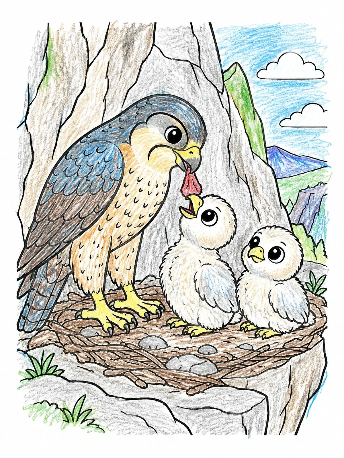 Colored example of the Falcon Mother Feeding Her Chicks coloring page