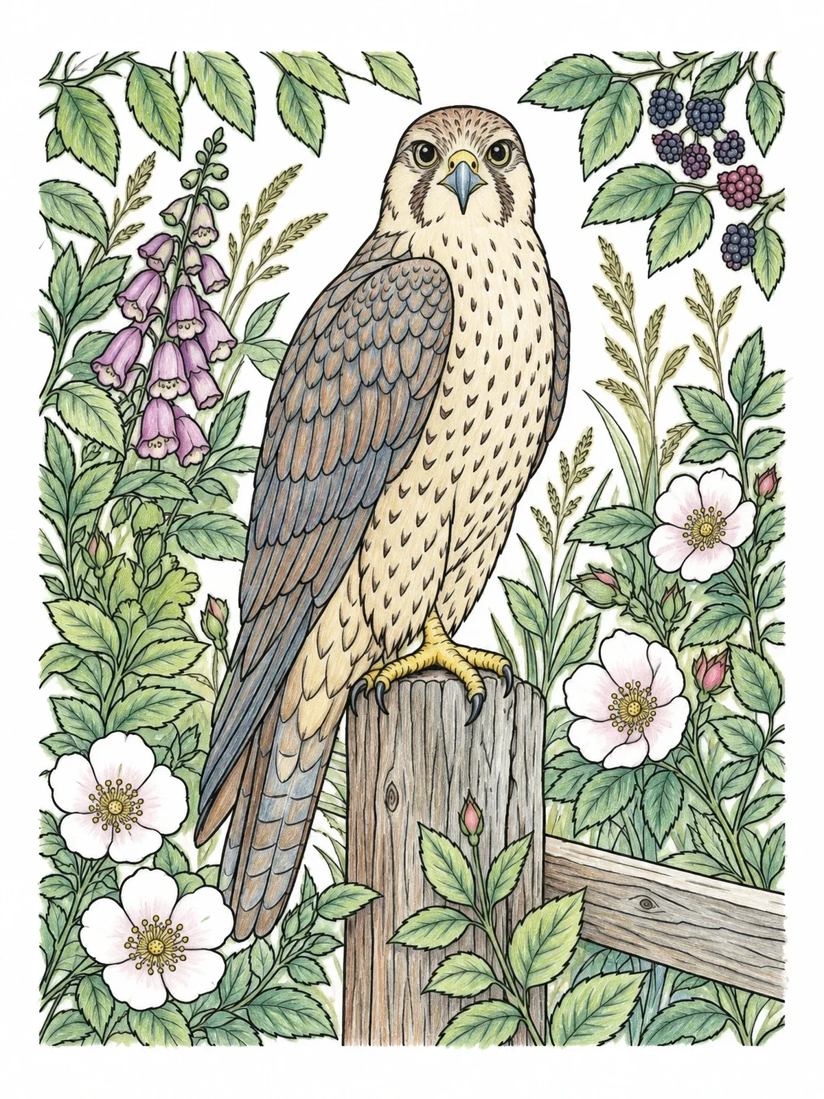 Colored example of the Falcon Perched On Wooden Fence Post coloring page
