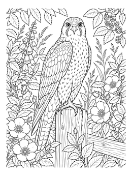 A detailed falcon coloring page showing a bird perched on a fence post surrounded by wildflowers.