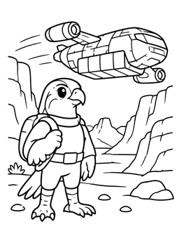 A brave falcon coloring page showing an astronaut bird standing in a desert canyon as a spaceship flies by.