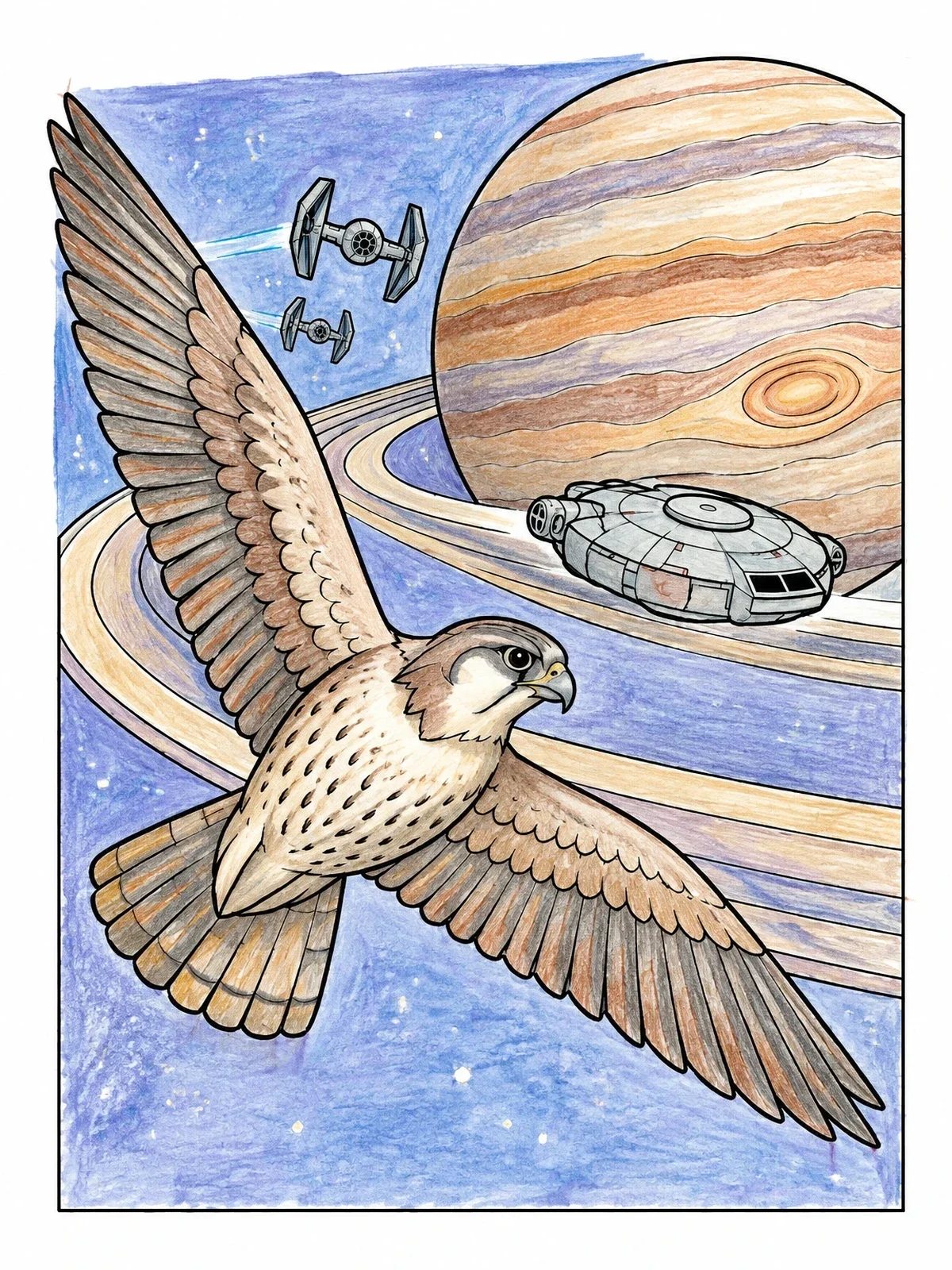 Colored example of the Falcon Flying Across Outer Space Scene coloring page