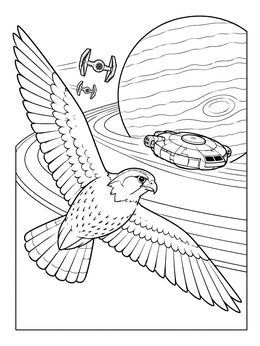 A detailed falcon coloring page with a bird soaring past spaceships and a ringed planet.