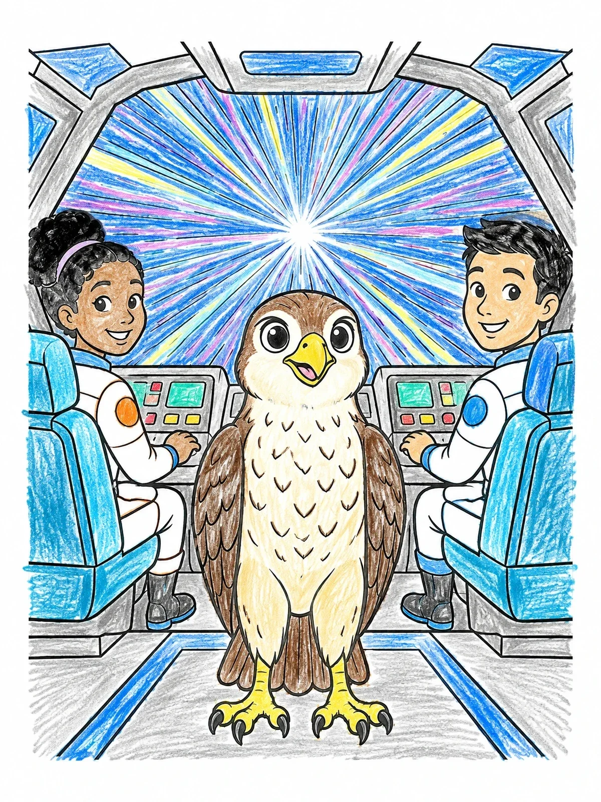 Colored example of the Falcon In A Spaceship Cockpit coloring page