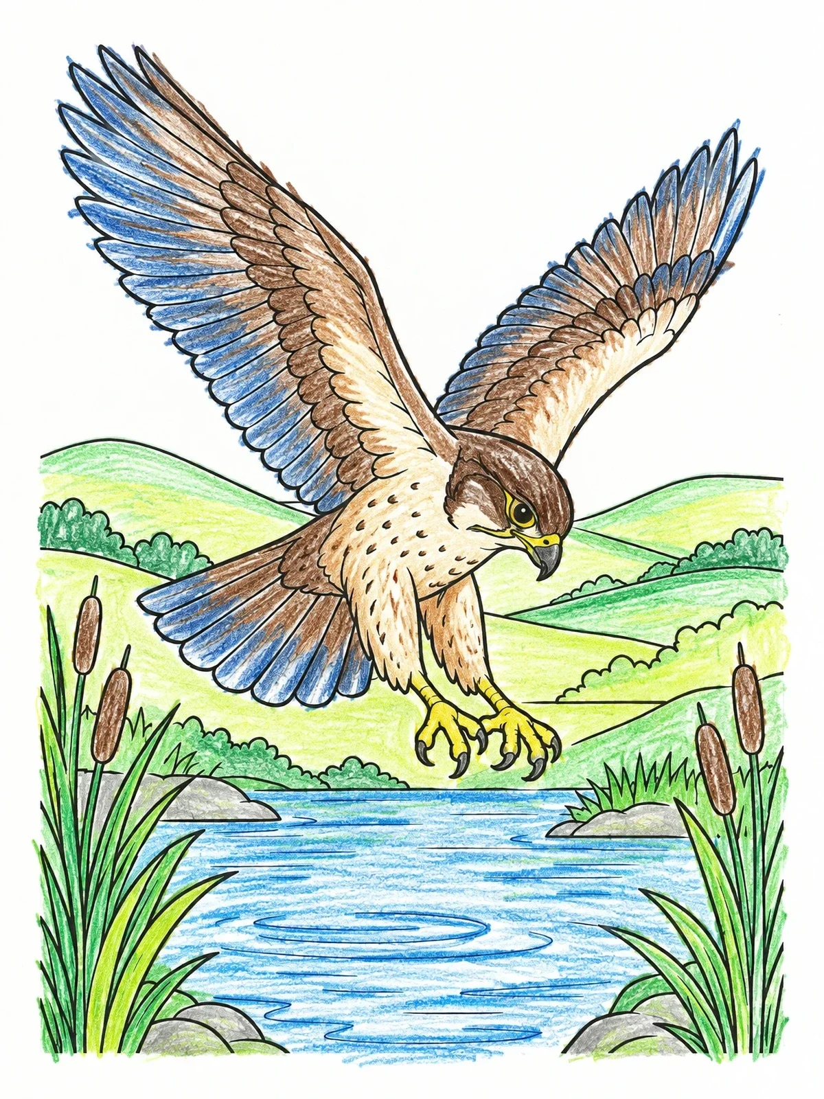 Colored example of the Falcon Swooping Over Water coloring page