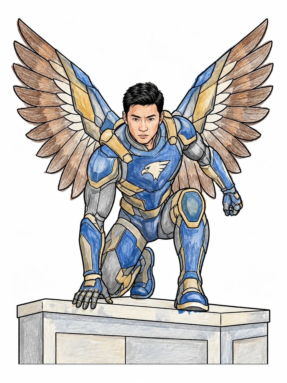Colored example of the Winged Superhero Landing On Rooftop coloring page