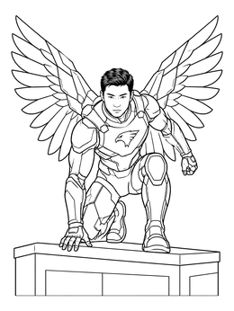 A heroic warrior lands in this falcon coloring page with large wings spread wide.