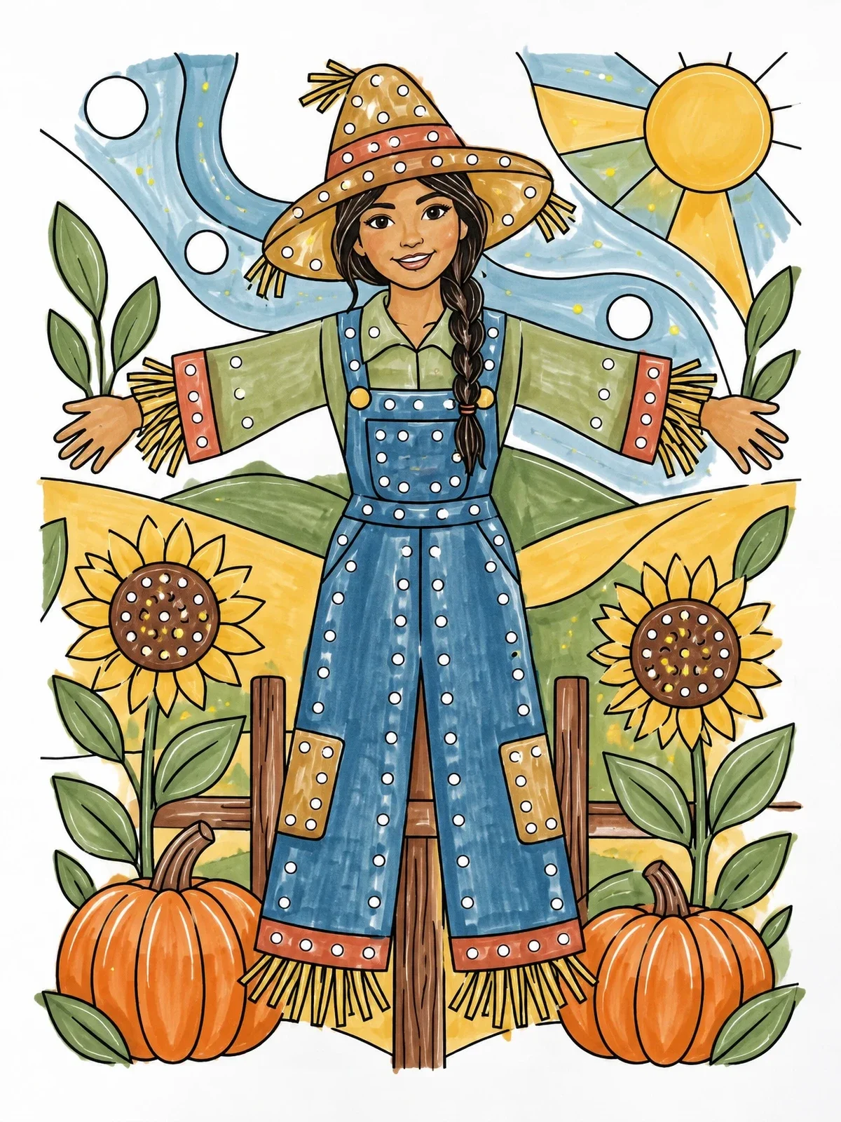 Colored example of the Autumn Scarecrow In Sunflower Patch coloring page