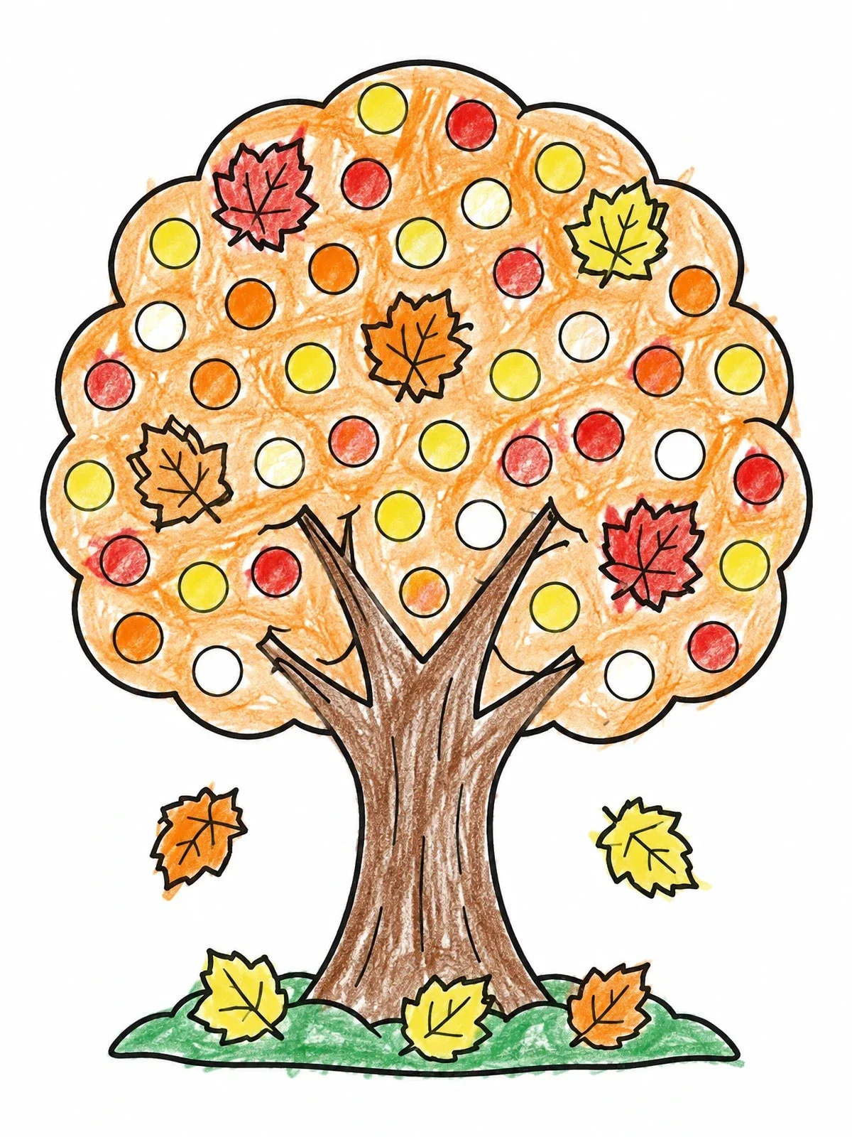 Colored example of the Autumn Tree Dot Marker Activity coloring page