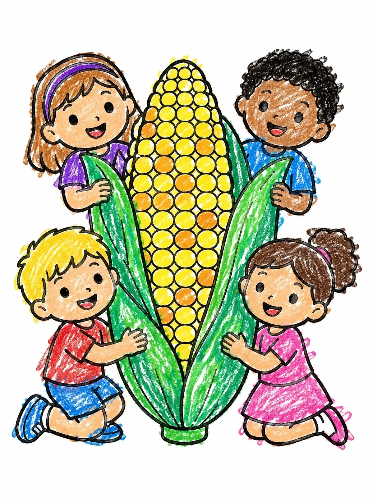 Colored example of the Children With Giant Sweet Corn coloring page