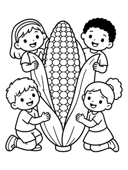 Free printable Children With Giant Sweet Corn coloring page
