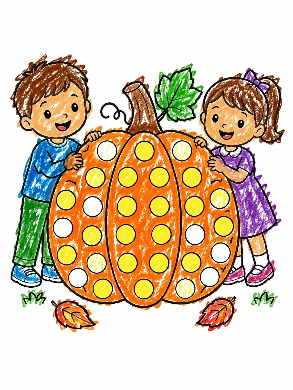 Colored example of the Children With Large Dot Pumpkin coloring page