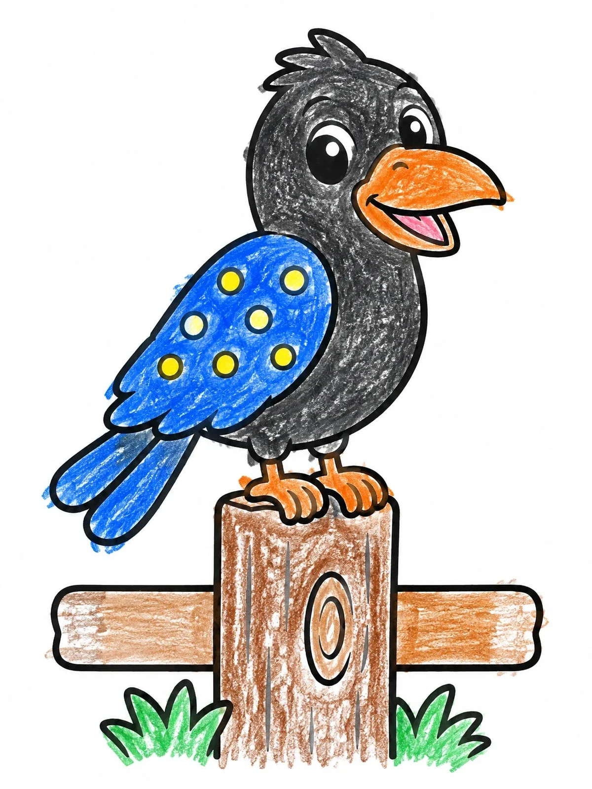 Colored example of the Cute Crow On Fence Post coloring page