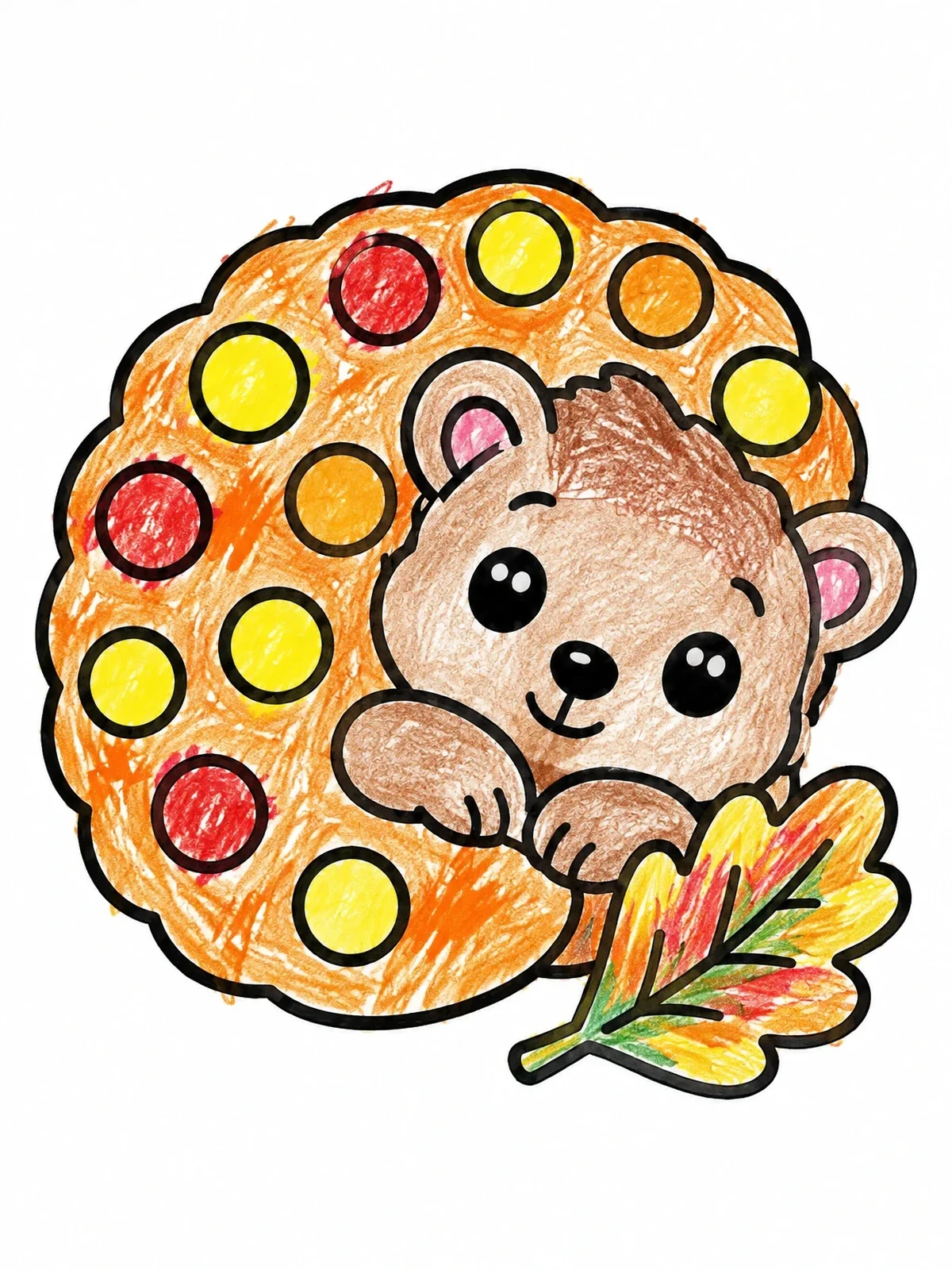 Colored example of the Cute Hedgehog With Autumn Leaf Dot Marker coloring page
