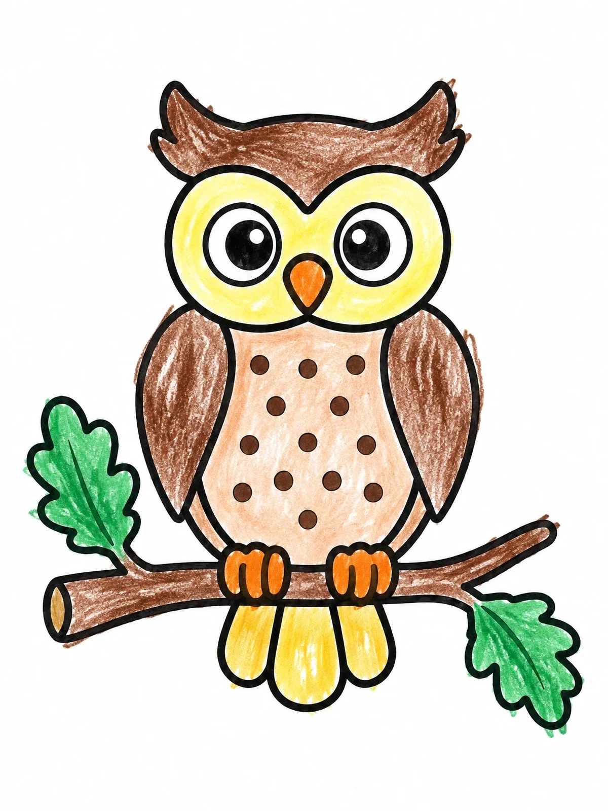 Colored example of the Cute Owl On Oak Branch coloring page