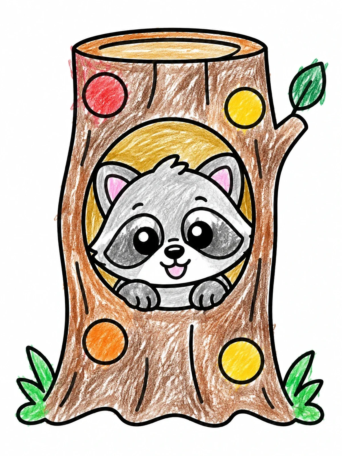 Colored example of the Cute Raccoon In Tree Hollow coloring page